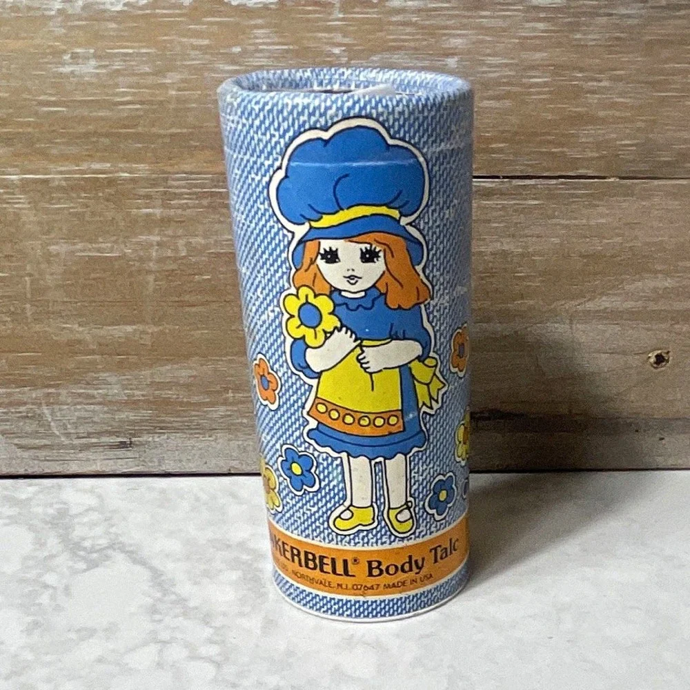 Tinkerbell Vintage Body Talc Powder Shaker Tin Can Blue Floral Girl Graphic
